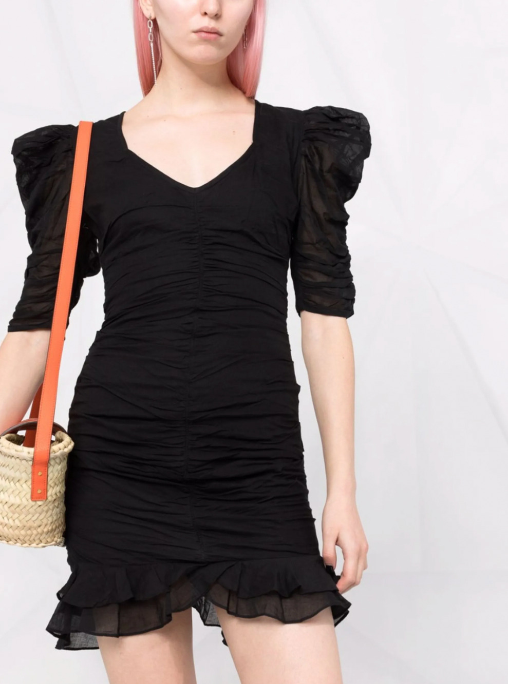 Isabel Marant Etolie 6 Puff-sleeve Mini Dress $590 Sireny Ruched Cotton Black 38